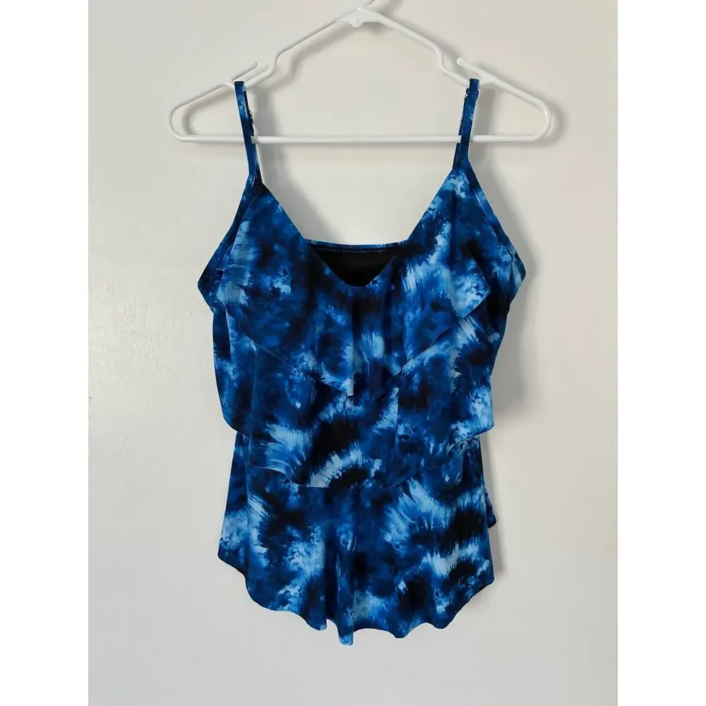 Aqua Green Blue Tie Dye Layered V-Neck Tankini Built In Shelf Bra Size L
